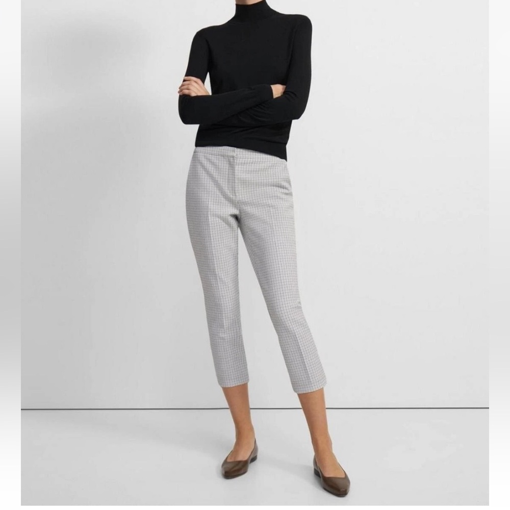 Theory Pants Women 10 Easy Capri Grid Plaid Cotton White Black Office Old Money